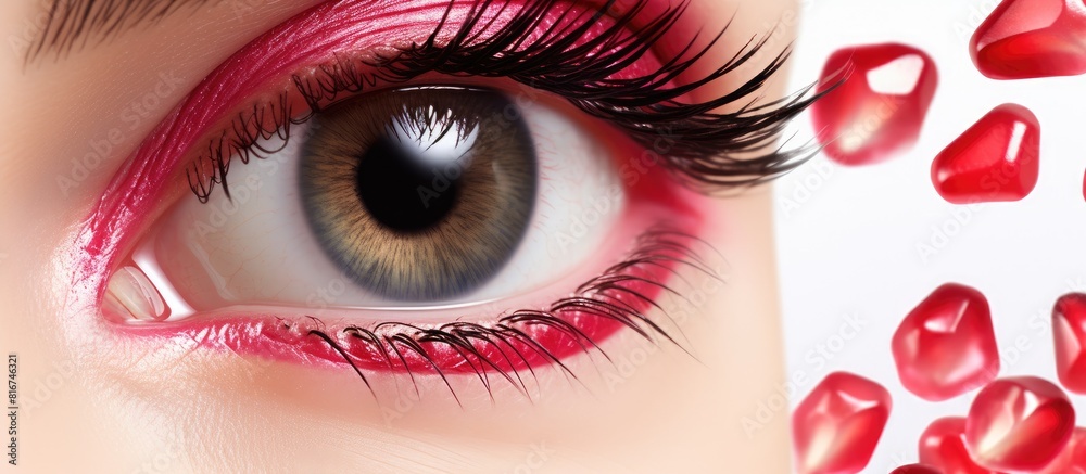 Poster A transparent gel for styling eyebrows and caring for eyebrows and eyelashes containing pomegranate oil is depicted in a copy space image on a white background