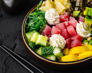 Fresh poke bowl with tuna and vegetables