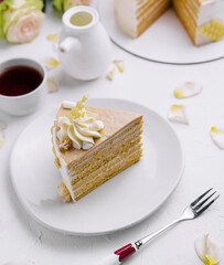 Elegant layered cake slice on a white plate