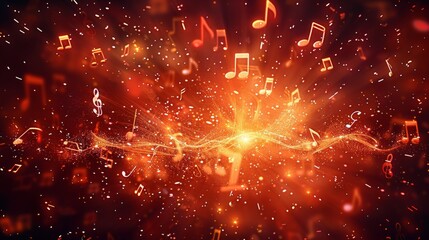 A music note explosion with musical notes flying around, vector illustration, dark background, red...