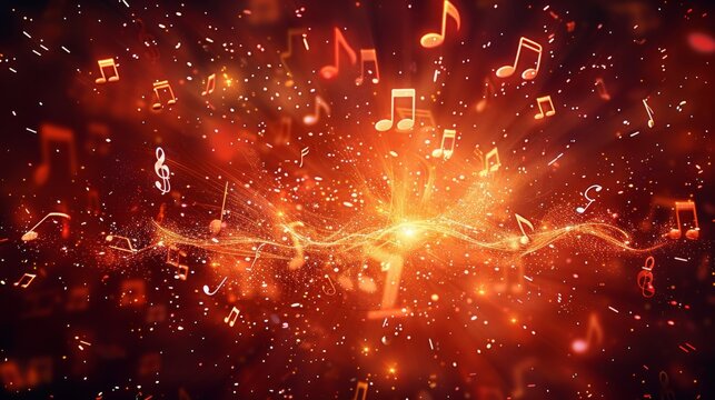 A music note explosion with musical notes flying around, vector illustration, dark background, red and orange colors. Generative AI.