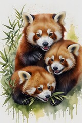 Obraz premium Red pandas eating bamboo in watercolor style