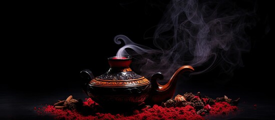 Traditional Arabian Turkish holiday concept with a copy space image of red hot coals in a hookah bowl set against a black background