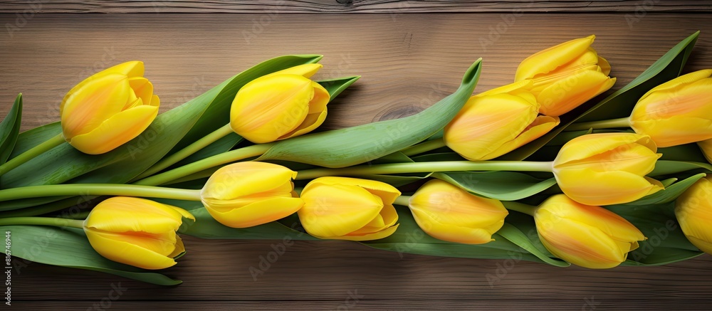 Poster a stunning image of yellow tulips on a wooden backdrop with ample copy space