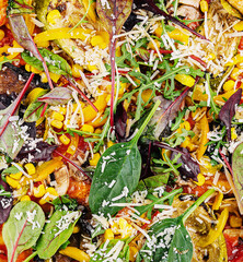 Vegetarian pizza with arugula, eggplant, mushrooms and corn