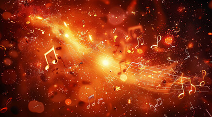 A music note explosion with musical notes flying around, vector illustration, dark background, red and orange colors. Generative AI.