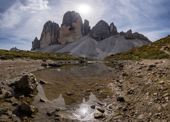 Stunning view of the Three Peaks of Lavaredo, Dolomites Mountain, South Tyrol, Italy.