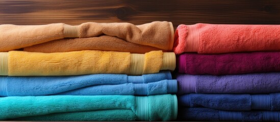 A wooden background showcases multi colored terry towels leaving some space for additional content or text in the image