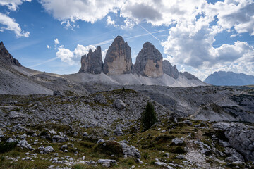 Stunning view of the Three Peaks of Lavaredo, Dolomites Mountain, South Tyrol, Italy.