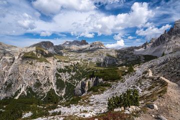 Stunning view of the Three Peaks of Lavaredo, Dolomites Mountain, South Tyrol, Italy.