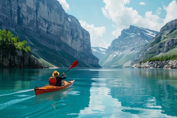 A man in a yellow hat paddles a kayak on a lake