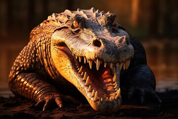 Obraz premium A crocodile is shown with its mouth open, looking at the camera
