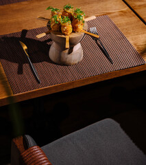 Gourmet meatballs on rustic wooden stand at restaurant