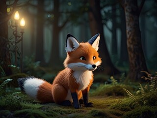 Naklejka premium A playful cartoon cat chases a mouse in a snowy night scene with a bare tree