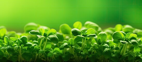 A top view of a green basil plant with young seedlings resembling microgreens on a food themed background The image provides copy space for text ideal for promoting keto or paleo diets
