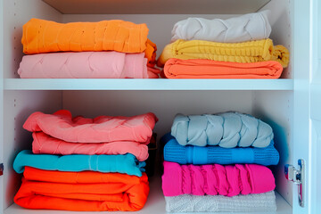 A white cabinet with a variety of colorful towels stacked on top of each other