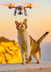 Curious cat chasing a drone quadcopter
