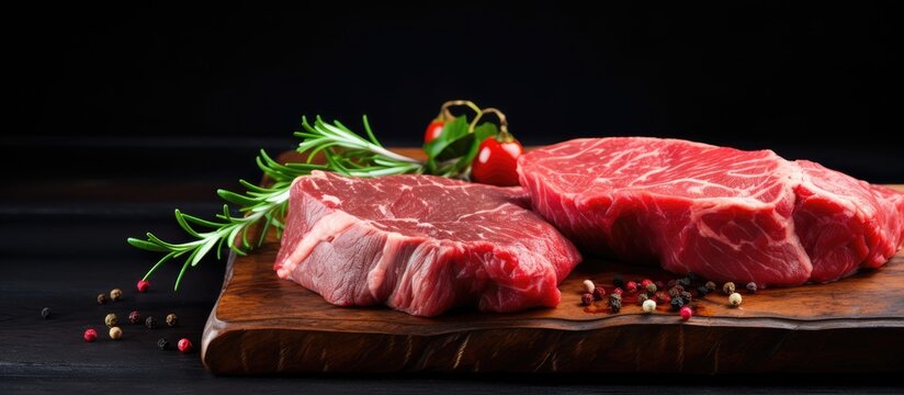 A black background with a top view of fresh raw beef meat steaks on a butcher cutting board Ample copy space available in the image