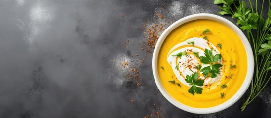 Top view of a creamy pumpkin and carrot soup elegantly presented on a grey stone background providing plenty of space for additional images or text