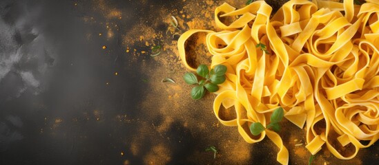 A top down view of tagliatelle pasta and its accompanying ingredients on a white background providing ample free space for a message or other text