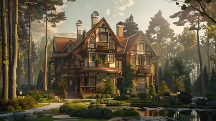 Obraz premium House and Pond in the Woods