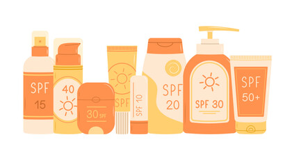 Set of SPF bottles and tubes. Sunscreen cream, lotion, spray and lip balm. Flat vector illustration