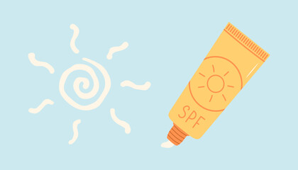 Sunscreen cream sun shape drawing. Flat vector illustration