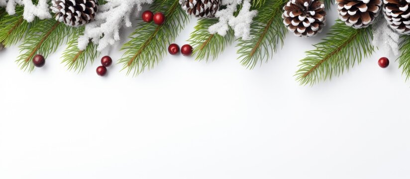 A Christmas themed arrangement with spruce branches cones and a snowy white background Top view with a flat lay frame border and ample copy space for creative elements