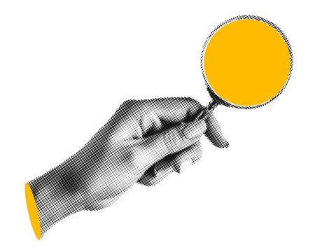 A cutout halftone collage. A hand holds a magnifying glass.