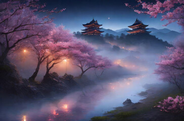 Japanese-style landscape with sakura. ai
