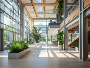 Spacious modern office atrium with large windows, abundant natural light, and indoor plants. Open, airy design with wooden accents and greenery creating a welcoming and eco-friendly environment