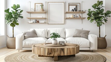 Modern living room interior with cozy sofa and natural wood coffee table, wall poster mockup frame 