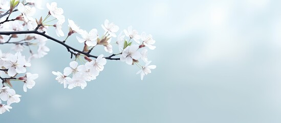 In springtime the tranquil beauty of blooming white cherry blossom branches fills the air offering a serene copy space image