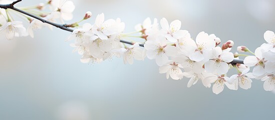 Fototapeta premium In springtime the tranquil beauty of blooming white cherry blossom branches fills the air offering a serene copy space image