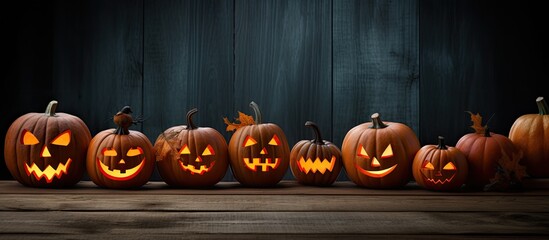 A spooky Halloween scene with carved pumpkins placed on a rustic wooden table creating a perfect copy space image