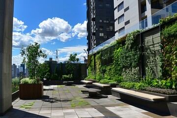 Lush green vertical gardens and wooden benches on a sunny rooftop terrace against a backdrop of skyscrapers