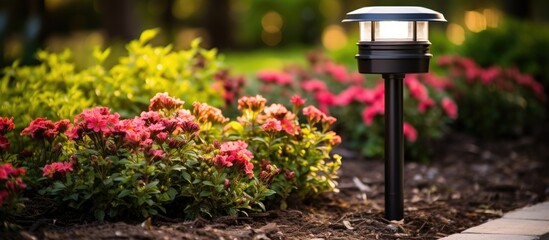 A small decorative solar garden light in a flower bed enhances the garden design while its solar powered lamp utilizes solar energy Copy space image