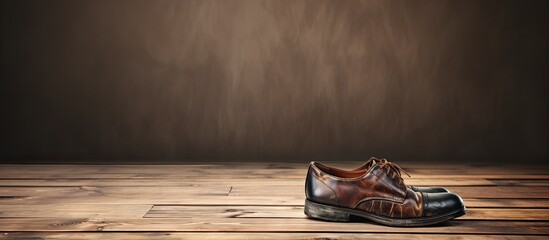 A copy space image showcasing vintage shoes placed on a rustic wooden floor