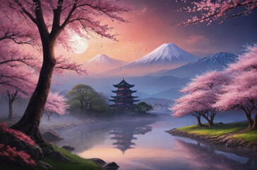Japanese-style landscape with sakura. ai
