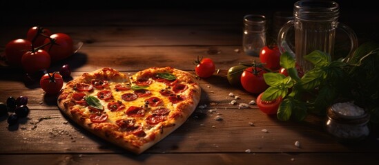 On the table there is a heart shaped homemade pizza with plenty of empty space for a copy space...