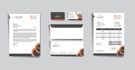 stationery set for business office vector design with letterhead, envelope, invoice, business card geometrical design stationary set