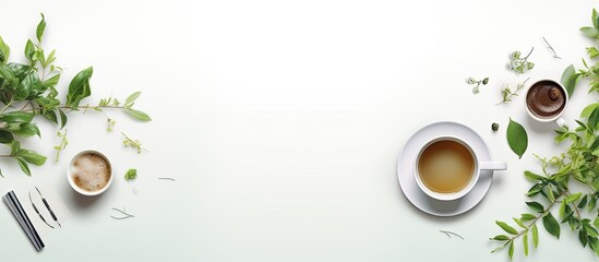The coffee office table desk is seen from above on a white background with a cup of green tea a computer keyboard and various office supplies There is plenty of empty space around the items creating