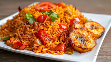 Fototapeta premium Authentic west african dish: jollof rice with fresh tomatoes and parsley, paired with grilled plantains on a white platter