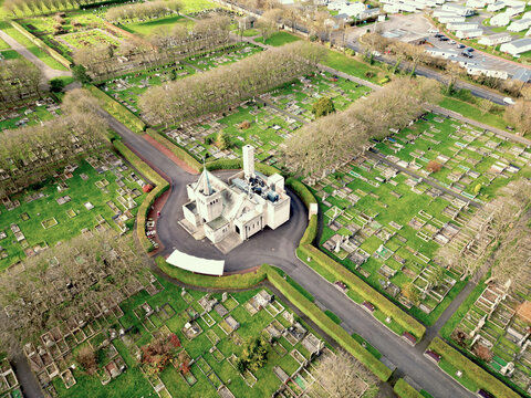Aerial view of Whitley Bay Cemetery, England, UK