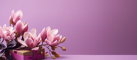 A branch of blooming pink magnolia flowers with a gift box set against a violet background creating...