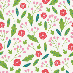 Floral seamless pattern with red and pink flowers and leaves