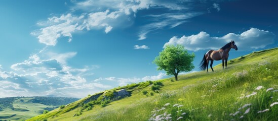 A horse peacefully grazing on a hill with the beautiful blue sky as the backdrop creating a serene and picturesque scene for the copy space image