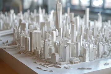 Closeup view of a 3d printed white model depicting an intricate urban skyline with skyscrapers