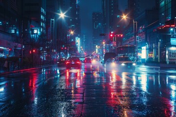 Illuminated urban road glistening with rain at nighttime, showcasing city vibes