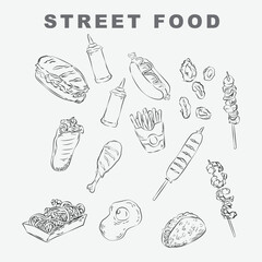 Bundle of line art illustrations of street food